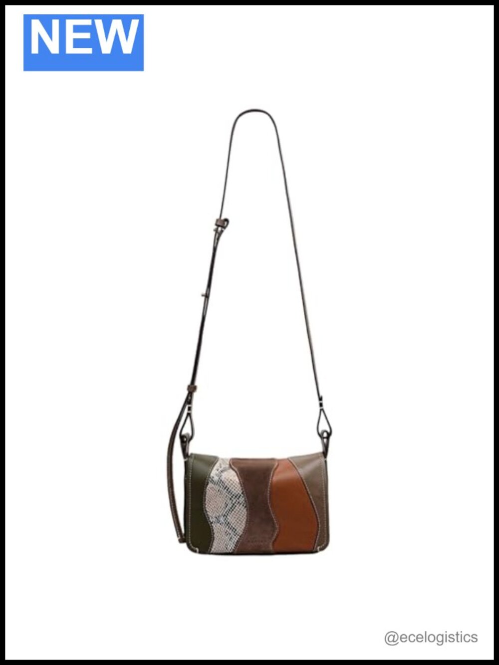 Leather Patchwork Small Crossbody Bag with Snake Embossed Accents, Adjustable